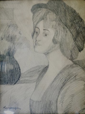 Kunffy Lajos feleségem portréja grafika ceruzarajz Mérete 25x20cm 120ezer ft